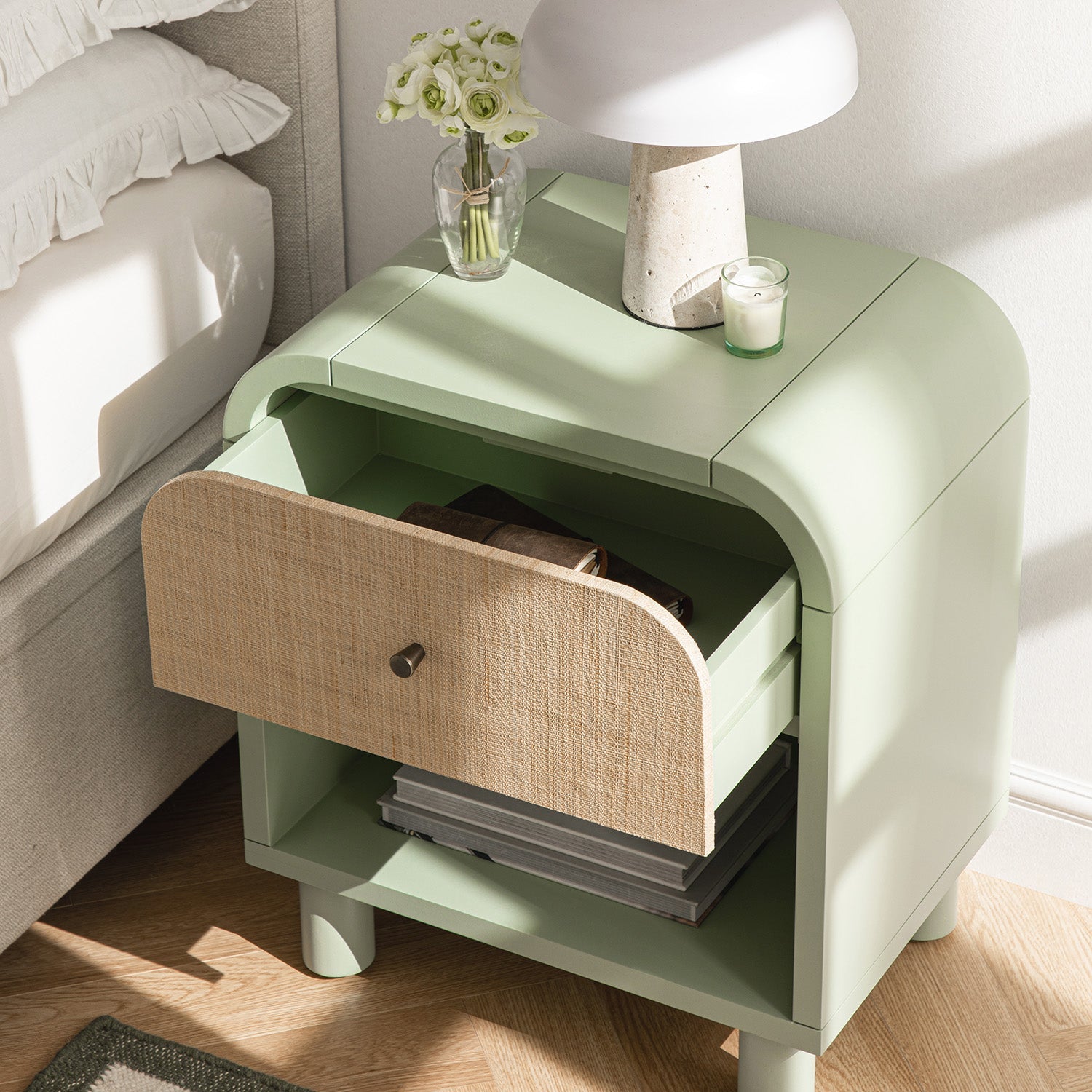Maude 1 Drawer Bedside Table, Muted Pistachio Ash with Raffia
