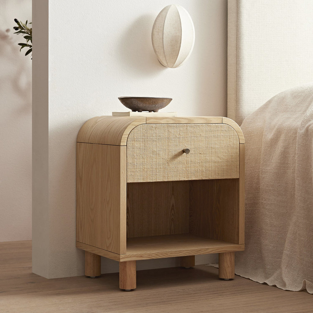Maude 1 Drawer Bedside Table, Natural Ash with Raffia
