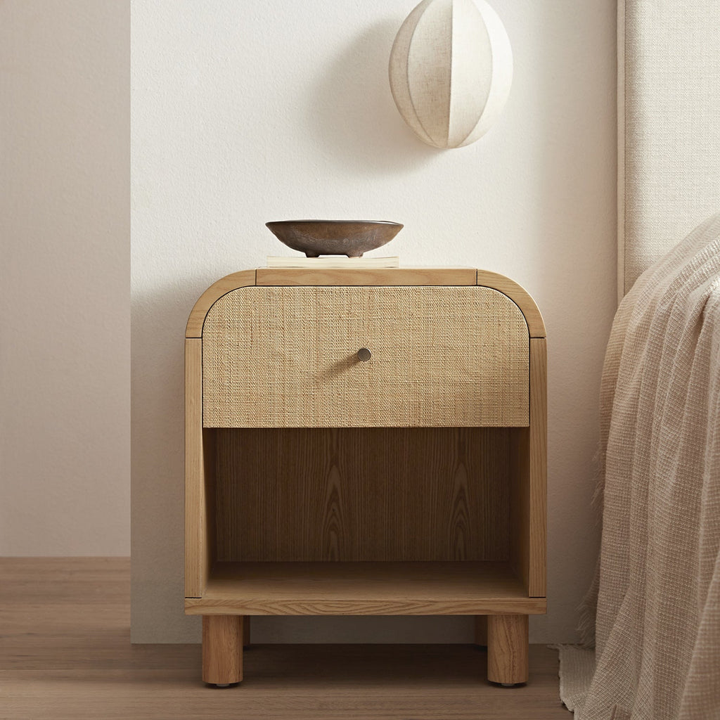 Maude 1 Drawer Bedside Table, Natural Ash with Raffia