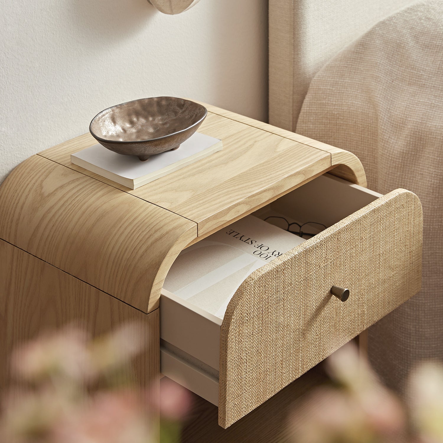 Maude 1 Drawer Bedside Table, Natural Ash with Raffia