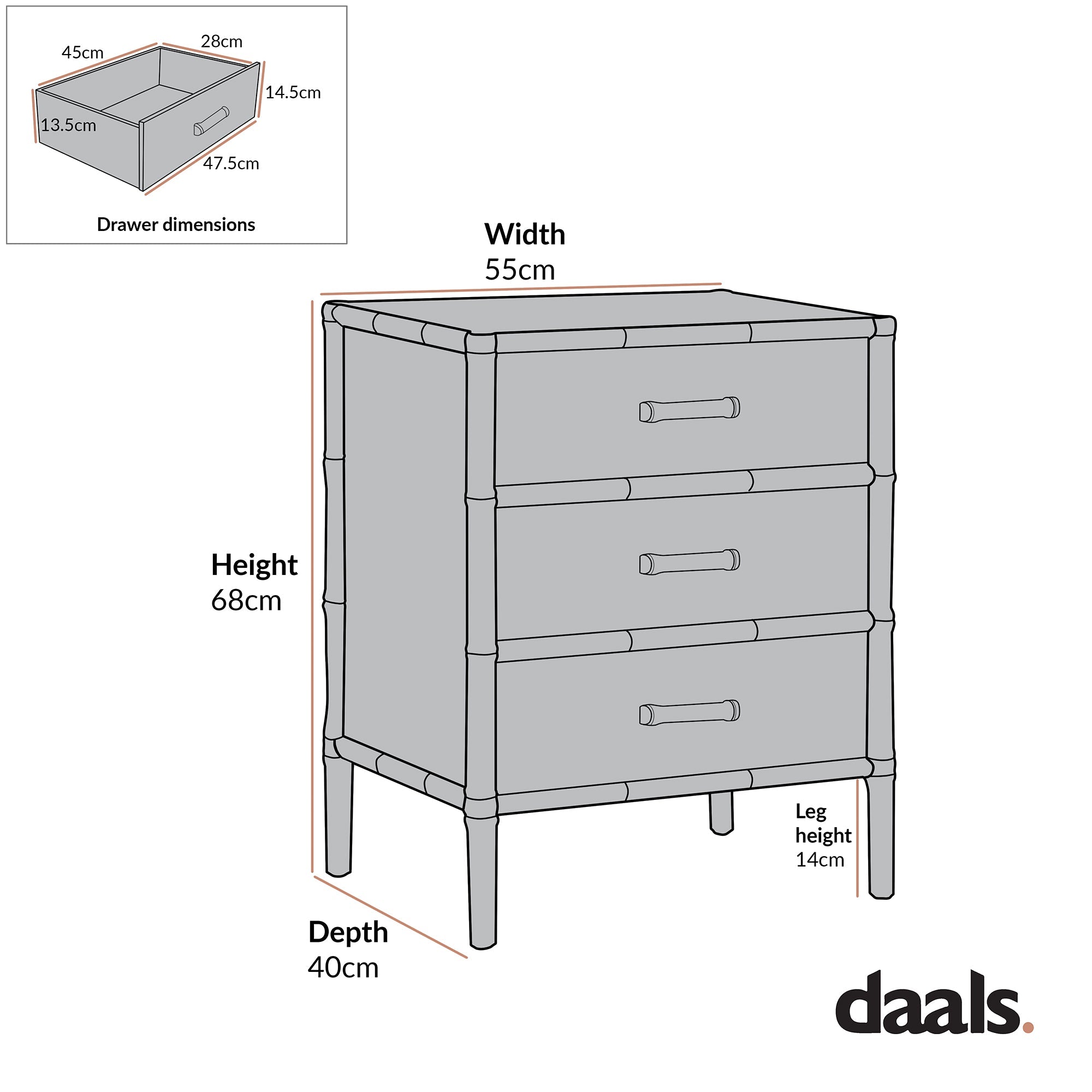 Elstowe Faux Bamboo 3-Drawer Bedside Table, Nude Pink