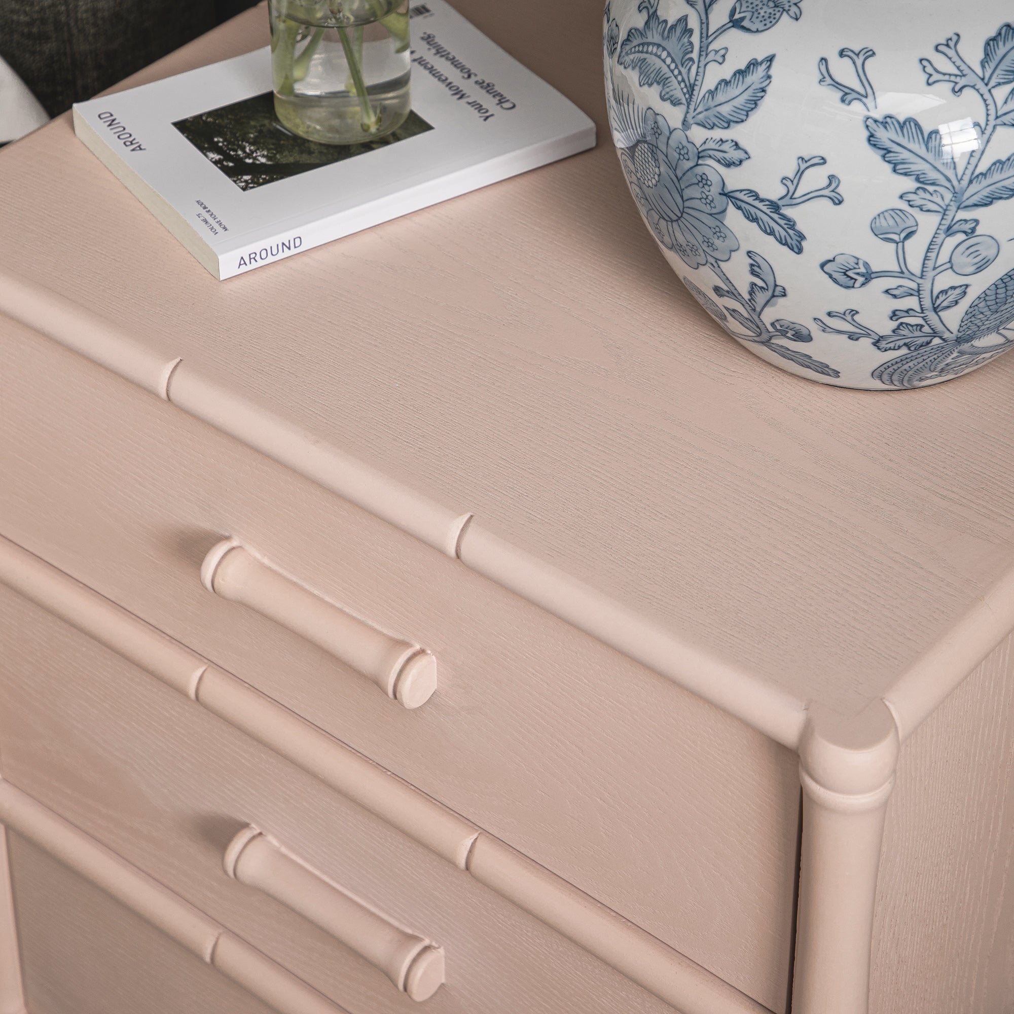 Elstowe Faux Bamboo 3-Drawer Bedside Table, Nude Pink