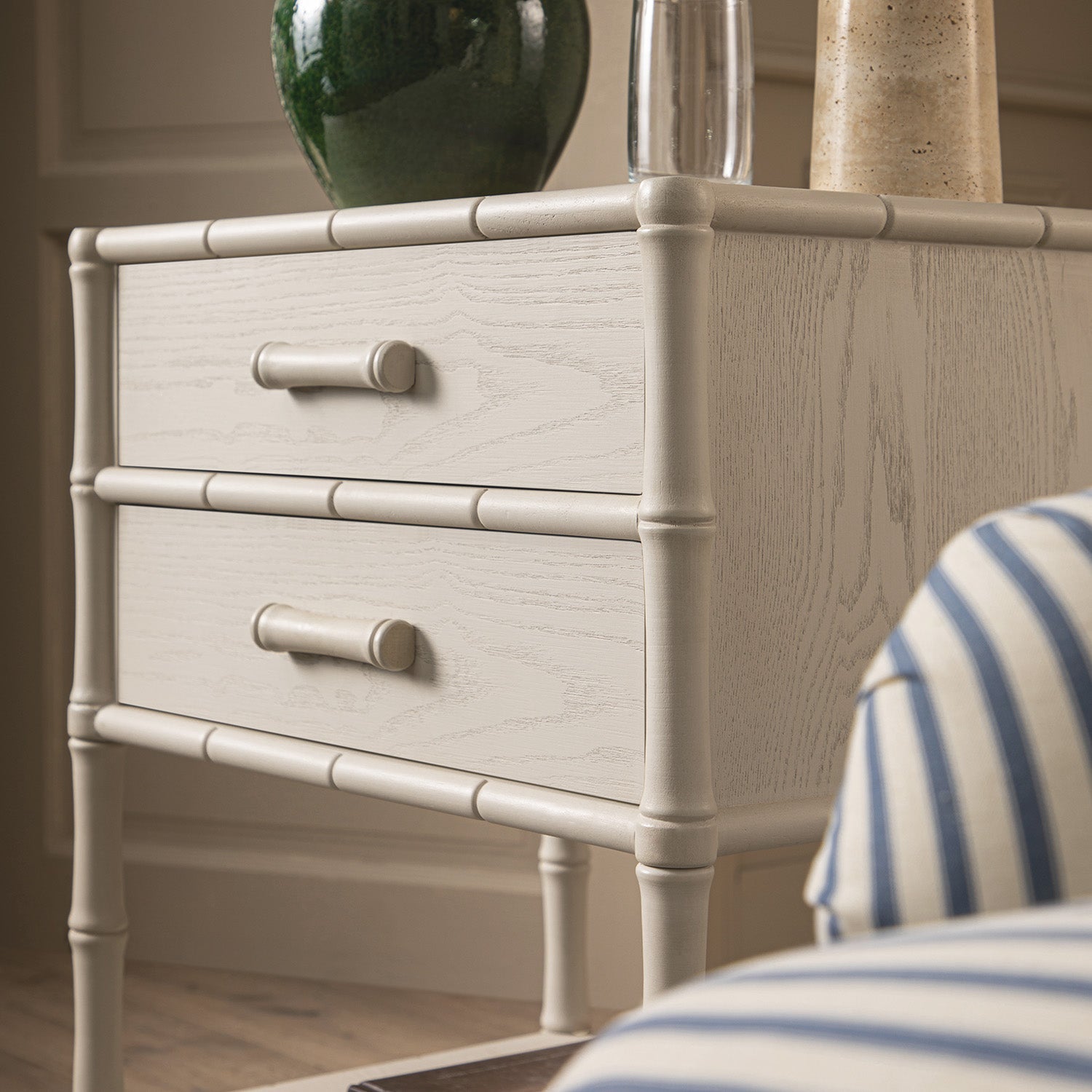 Elstowe Faux Bamboo 2-Drawer Bedside Table, Shaded White