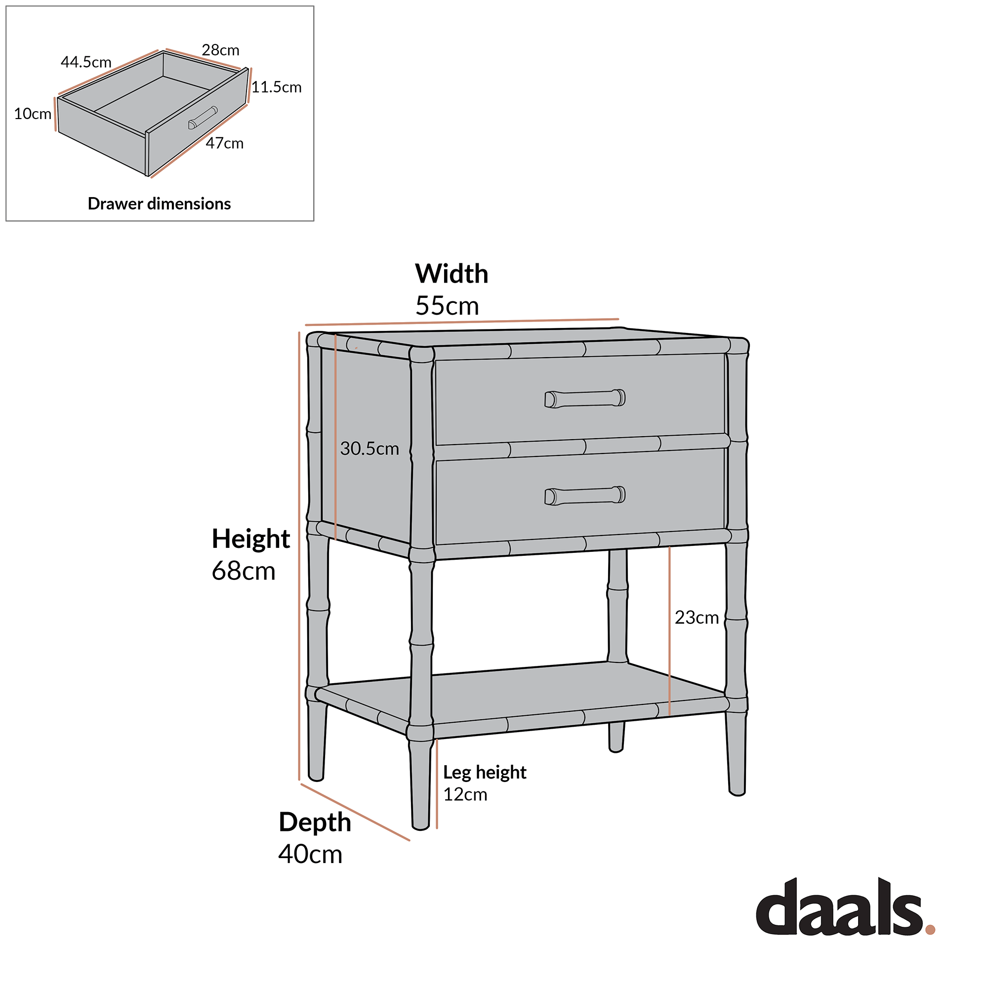 Elstowe Faux Bamboo 2-Drawer Bedside Table, Shaded White