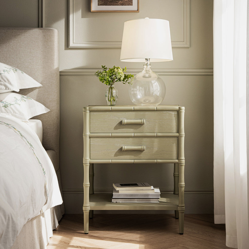 Elstowe Faux Bamboo 2-Drawer Bedside Table, Sage Green