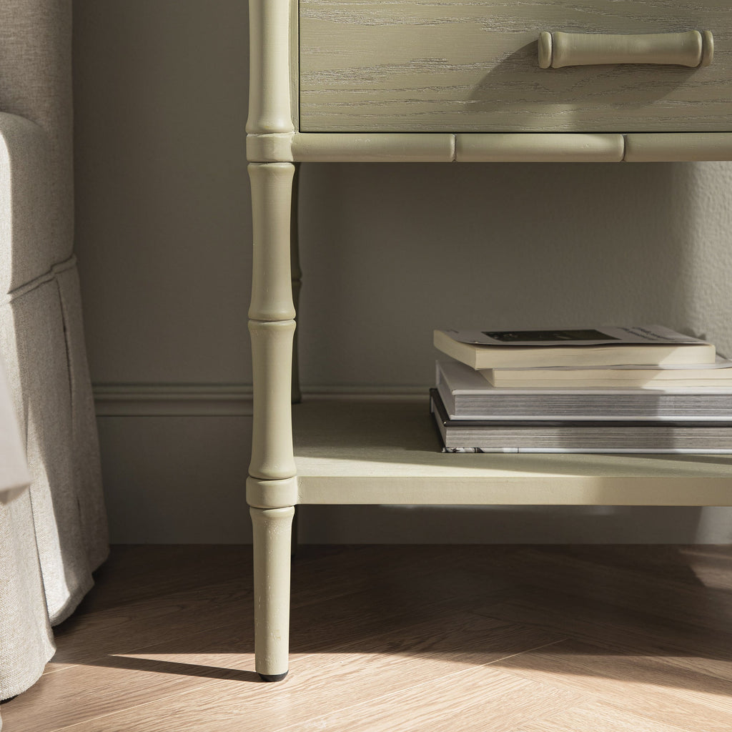 Elstowe Faux Bamboo 2-Drawer Bedside Table, Sage Green