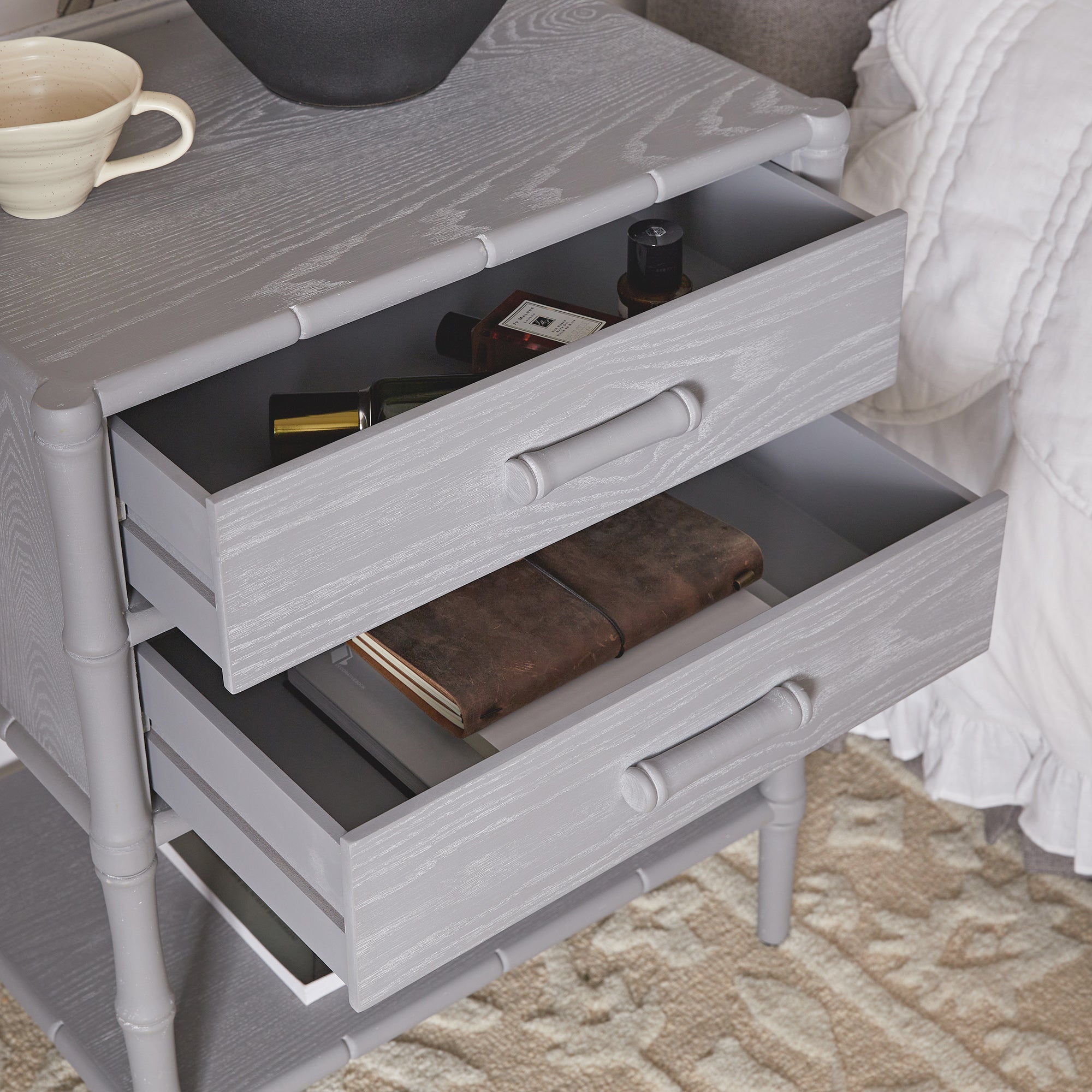 Elstowe Faux Bamboo 2-Drawer Bedside Table, Warm Grey