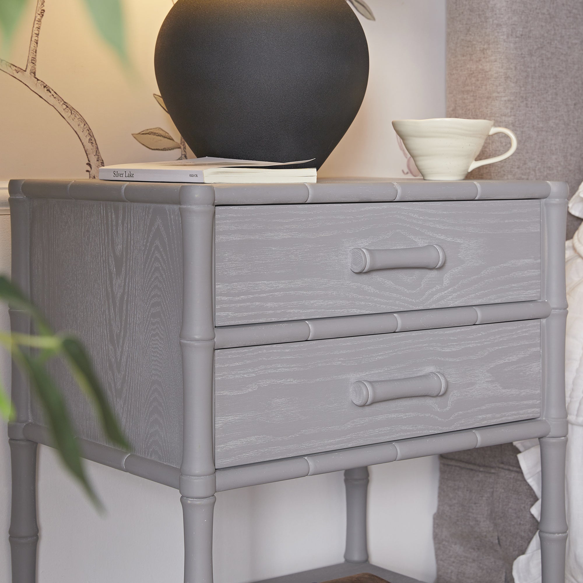 Elstowe Faux Bamboo 2-Drawer Bedside Table, Warm Grey