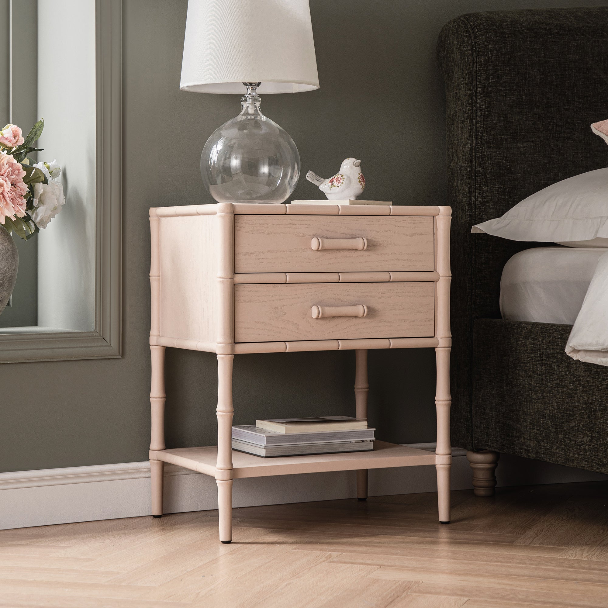 Elstowe Faux Bamboo 2-Drawer Bedside Table, Nude Pink