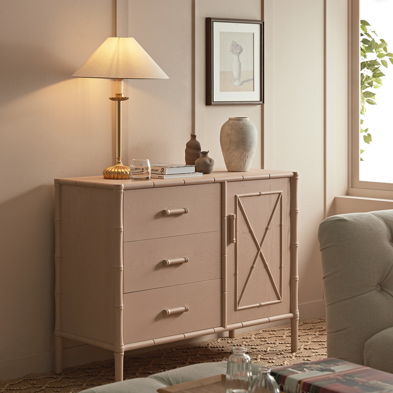 Elstowe Faux Bamboo 1-Door 3-Drawer Sideboard, Nude Pink