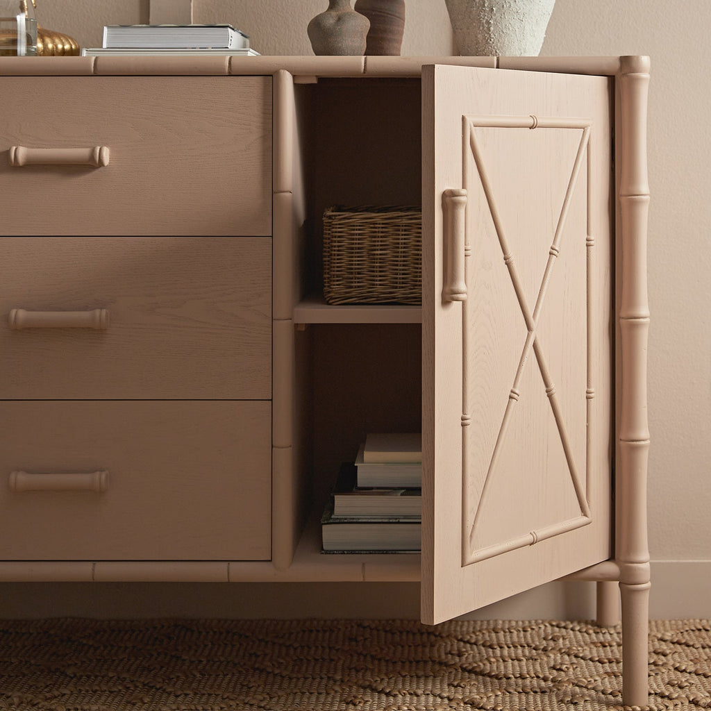 Elstowe Faux Bamboo 1-Door 3-Drawer Sideboard, Nude Pink
