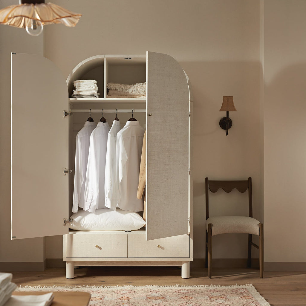 Maude Double Wardrobe, Washed White Ash with Raffia