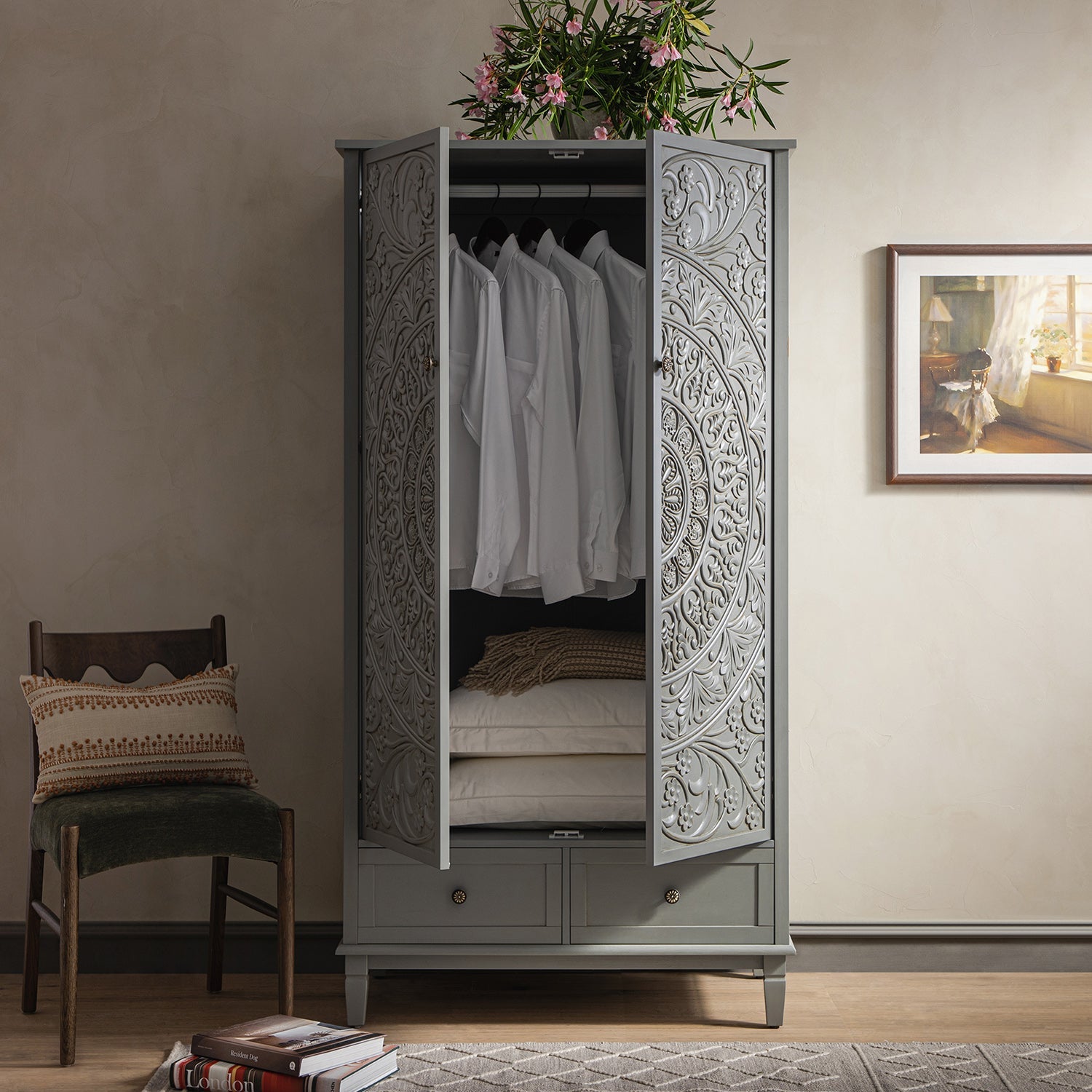 Chantilly Mid Grey Carved Double Wardrobe