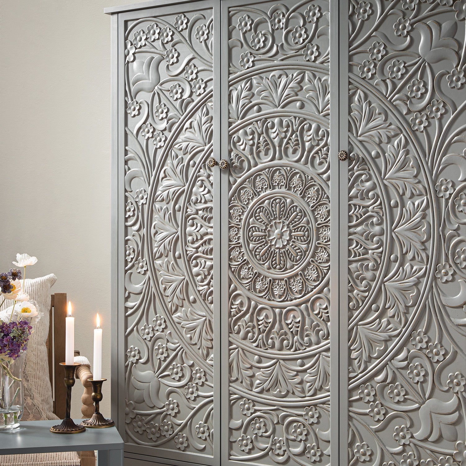 Chantilly Mid Grey Carved Triple Wardrobe