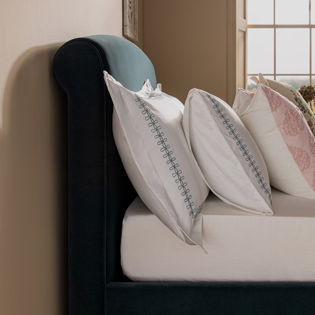 Porchester Ottoman Storage Sleigh Bed, Aegean Blue Velvet