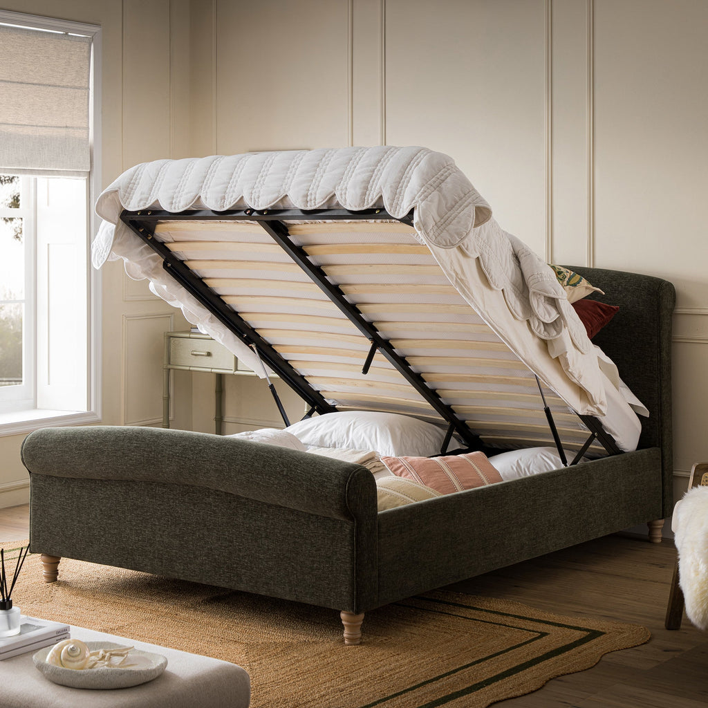 Porchester Ottoman Storage Sleigh Bed, Forest Green Chenille