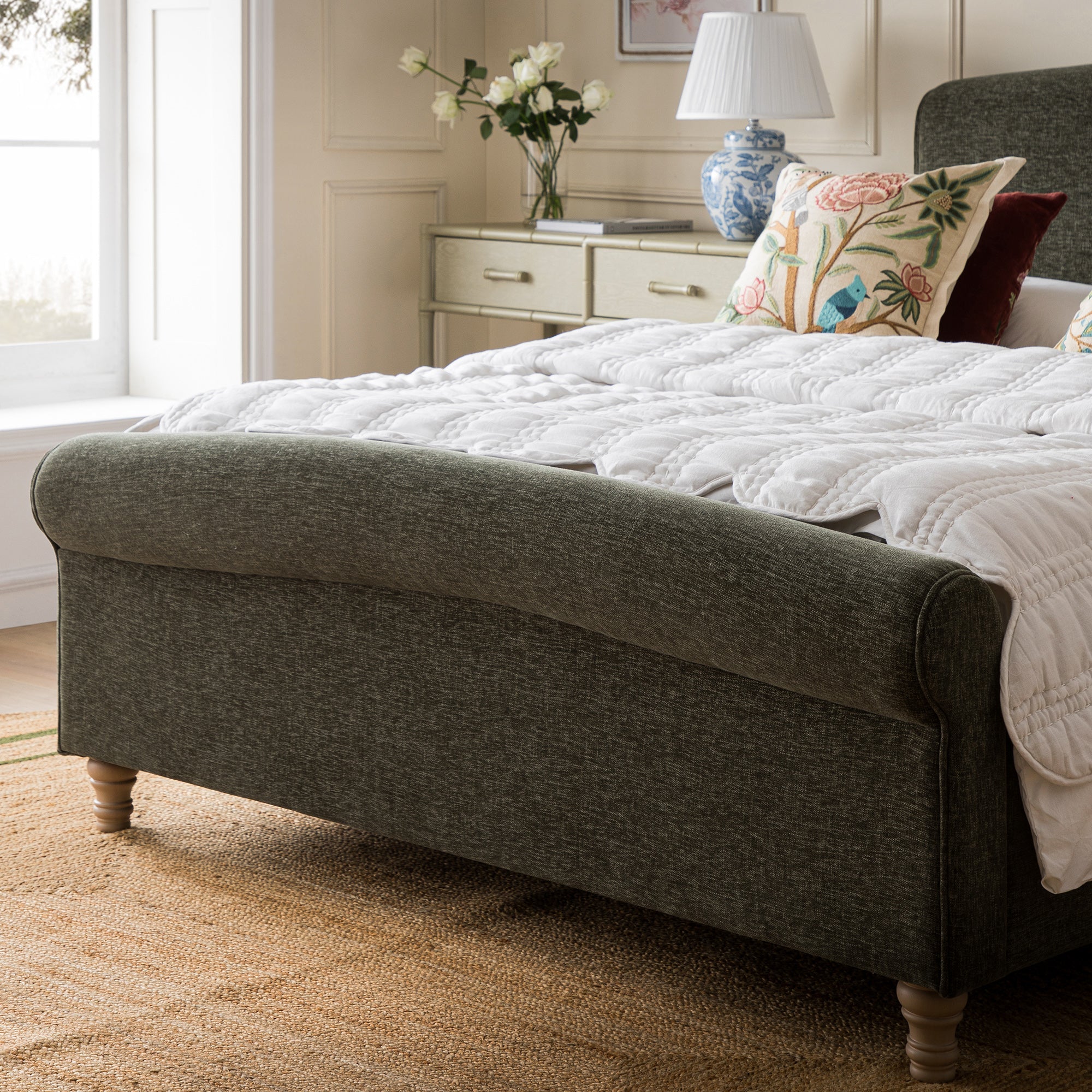 Porchester Ottoman Storage Sleigh Bed, Forest Green Chenille