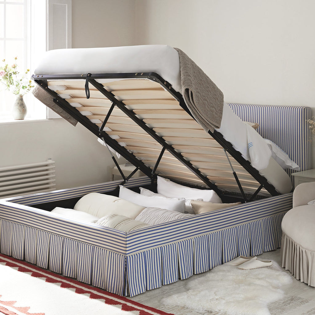 Egerton Box-Pleat Ottoman Storage Bed, Blue Striped Linen