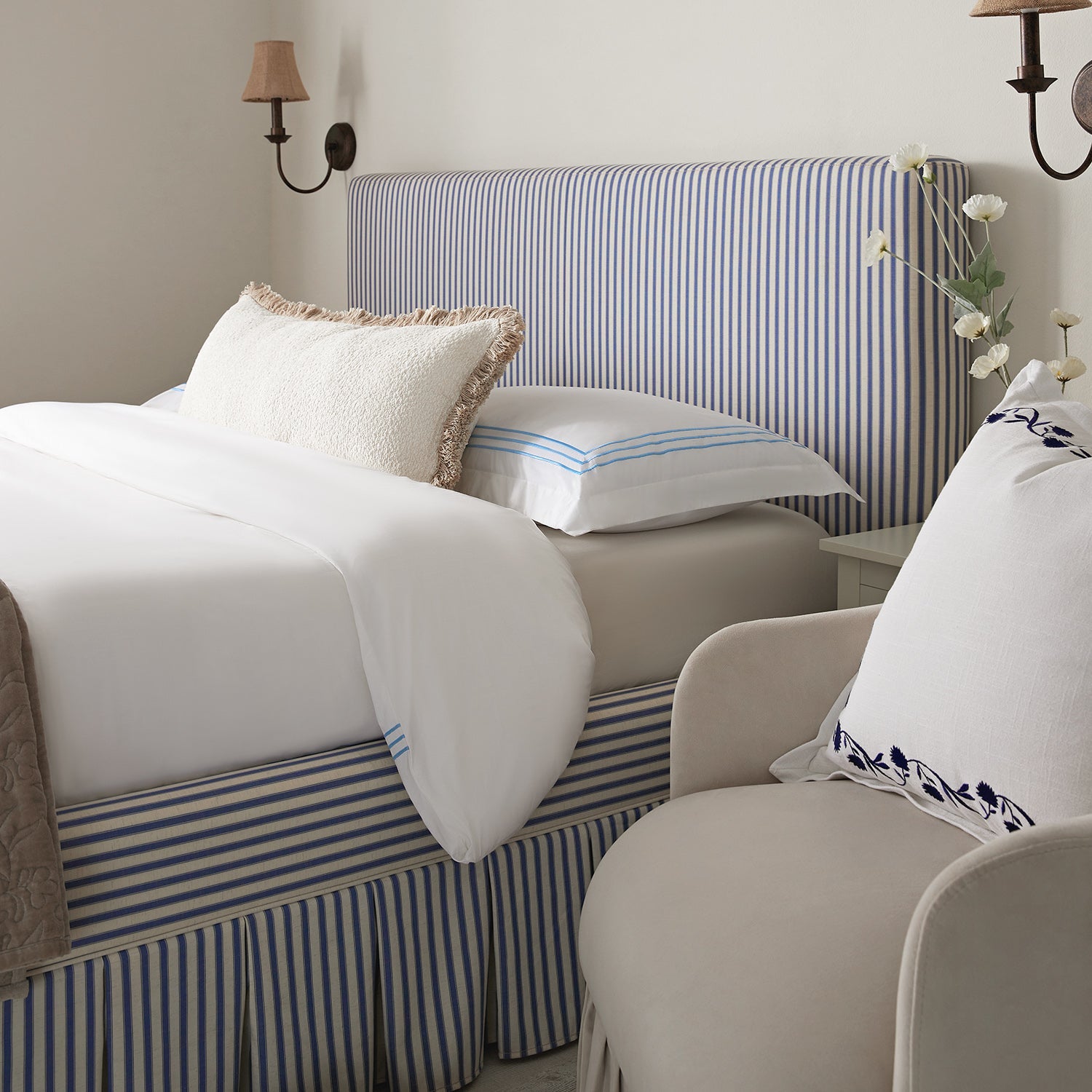 Egerton Box-Pleat Ottoman Storage Bed, Blue Striped Linen