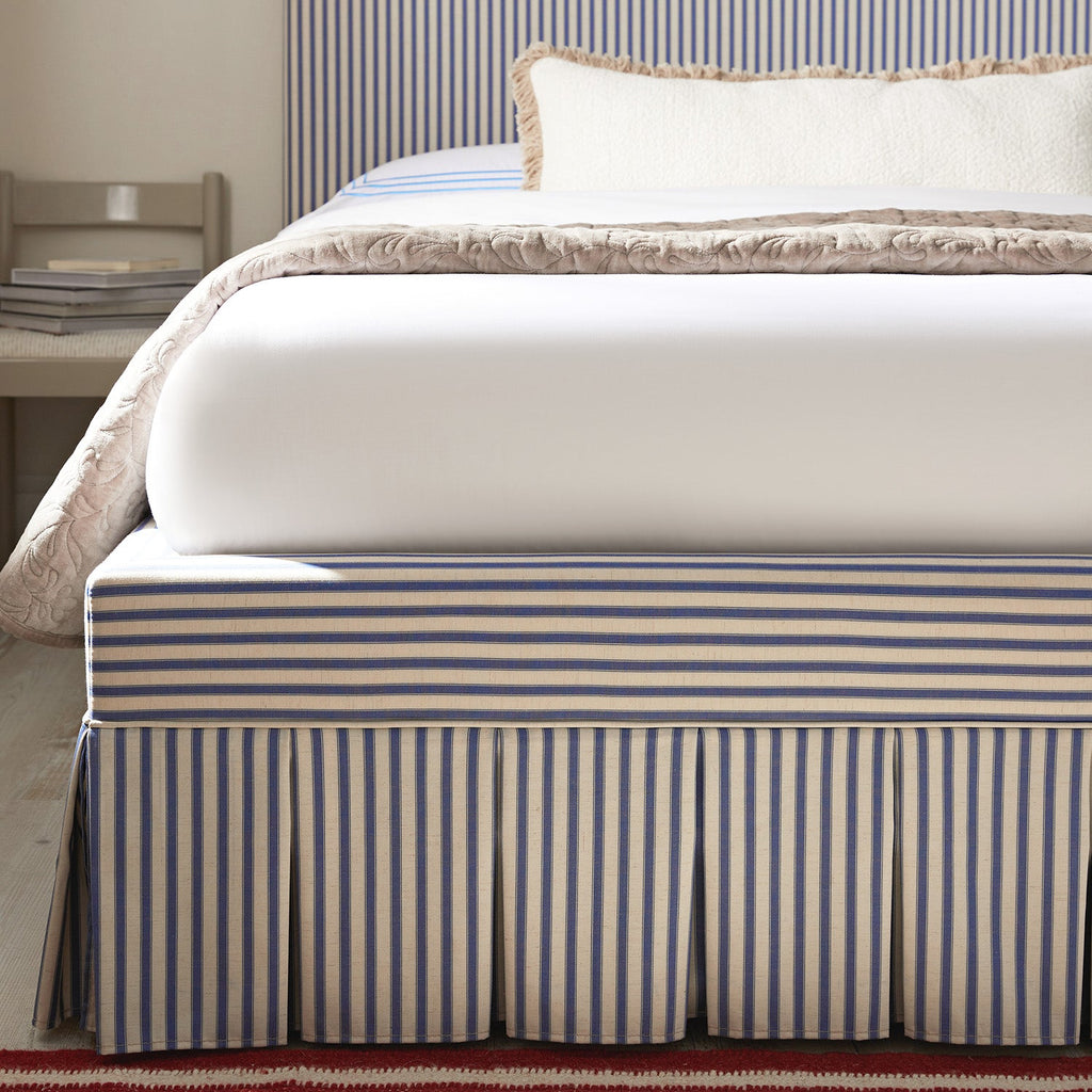 Egerton Box-Pleat Ottoman Storage Bed, Blue Striped Linen