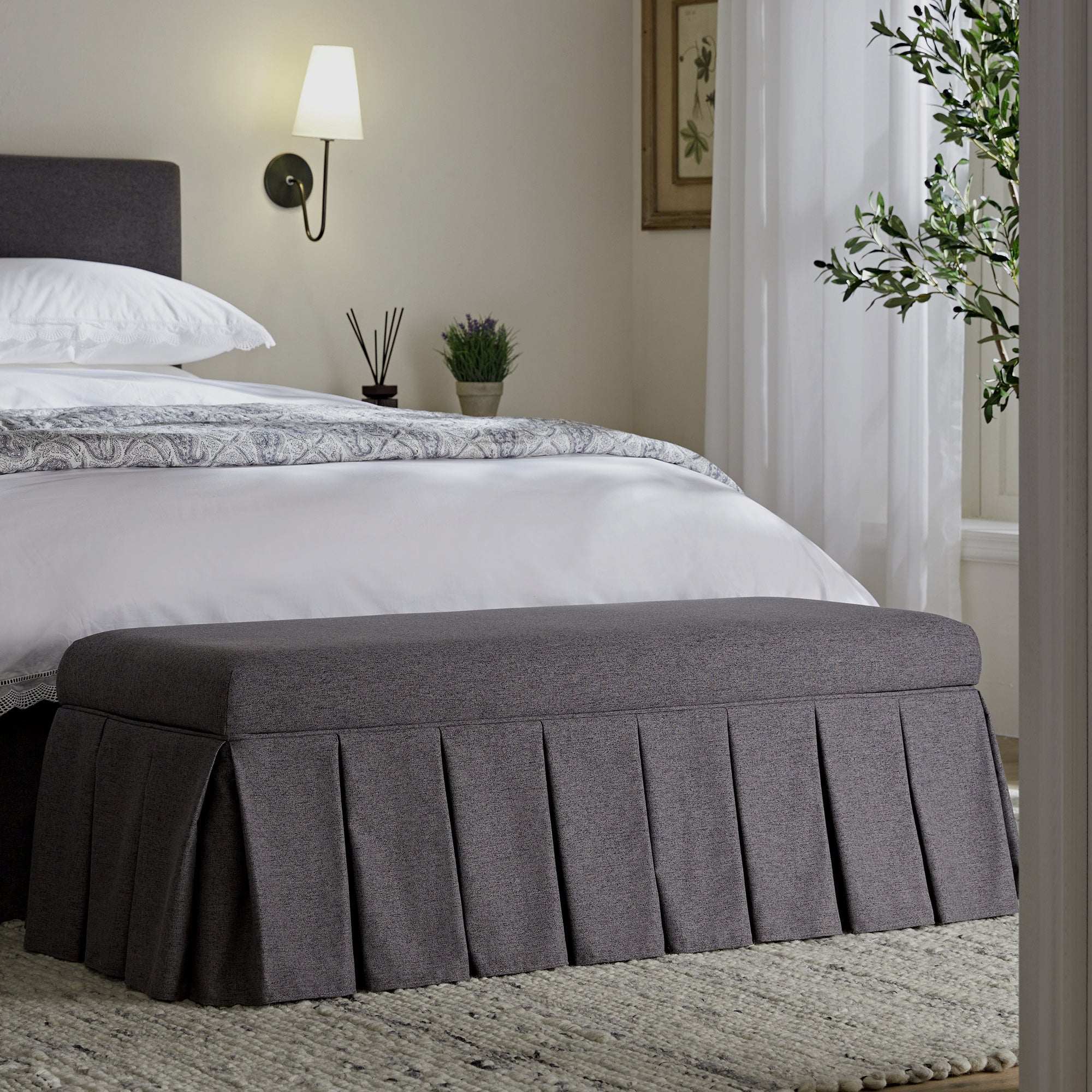 Egerton Box-Pleat Storage Bench, Charcoal Brushed Fabric