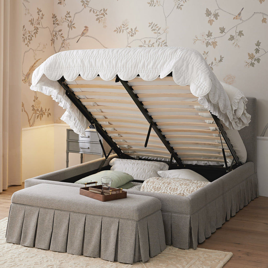 Egerton Box-Pleat Ottoman Storage Bed, Stone Brushed Fabric
